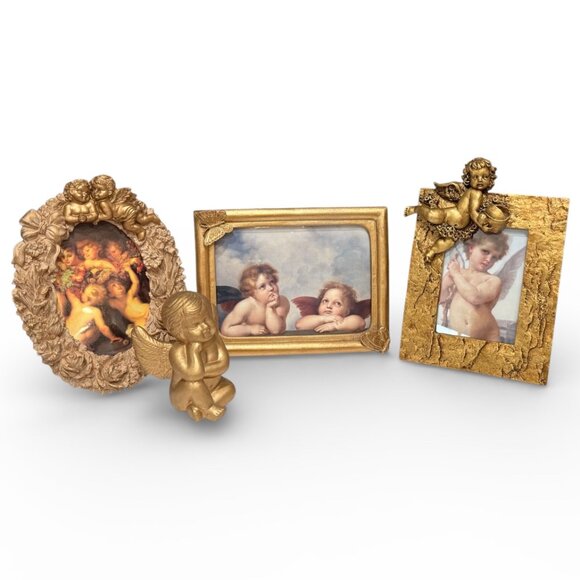 3 Vintage High Relief Gold Frames with Angel Pictures and Ceramic Gold Cherub - Picture 12 of 17